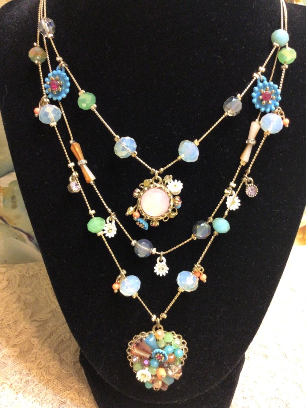 Betsey Johnson Multicolor Flower Hearts 3 Graduated Strand Illusion Necklace